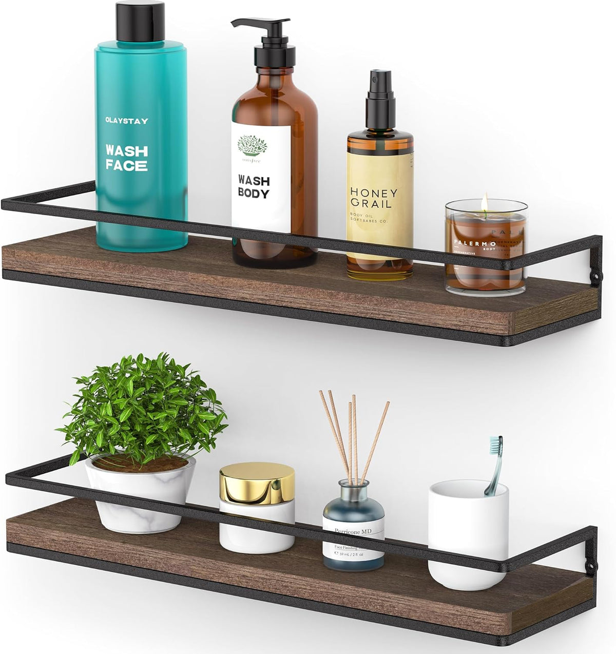 Floating Shelves Wall Mounted Set of 2, Rustic Wood Wall Storage Shelves for Bedroom,Living Room,Bathroom, Kitchen Brown