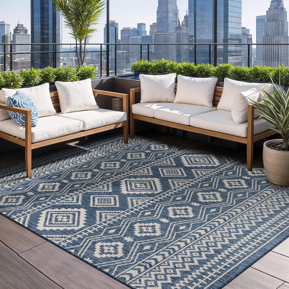 Waikiki Boho Indoor Outdoor Rug – 5' x 7' Azure & White