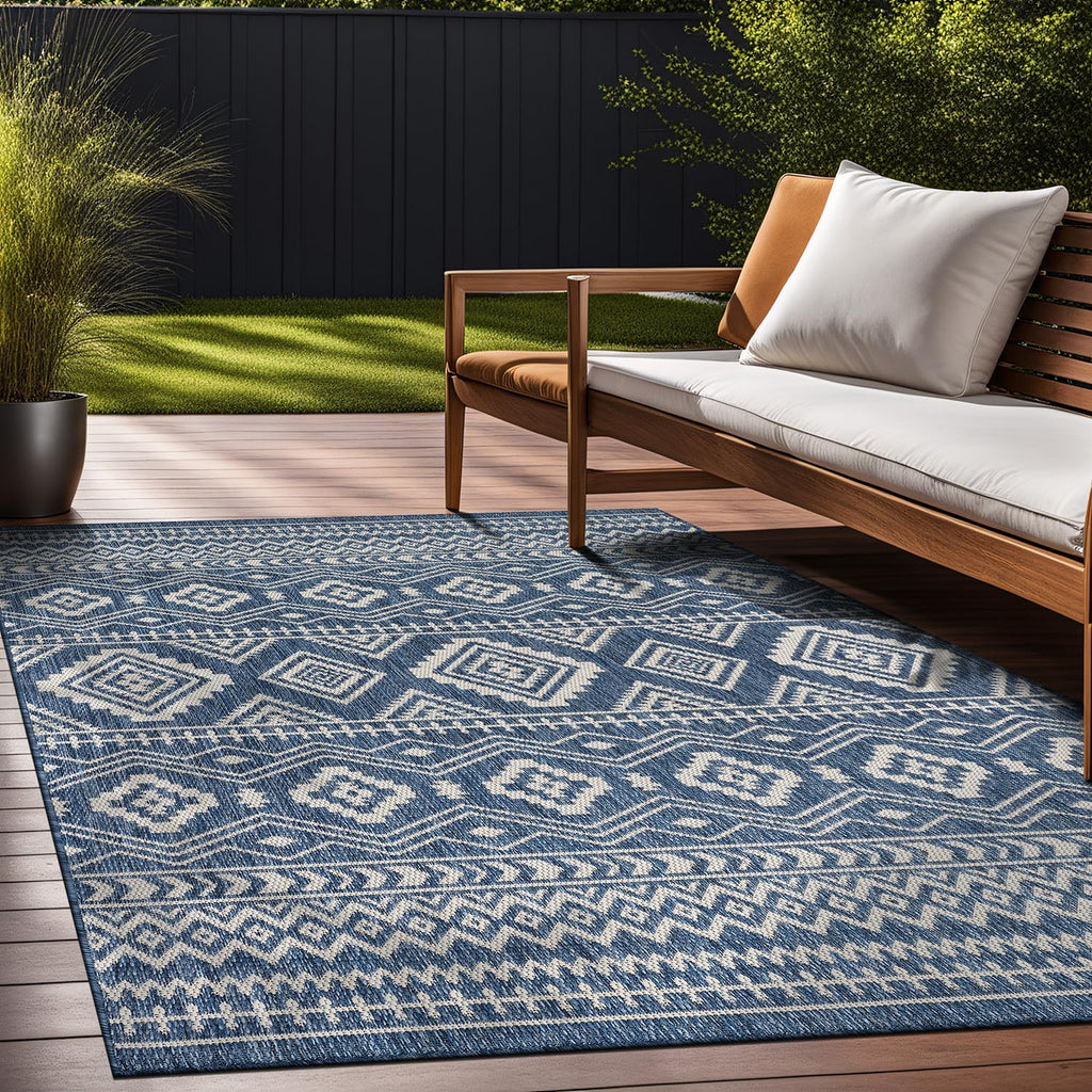 Waikiki Boho Indoor Outdoor Rug – 5' x 7' Azure & White