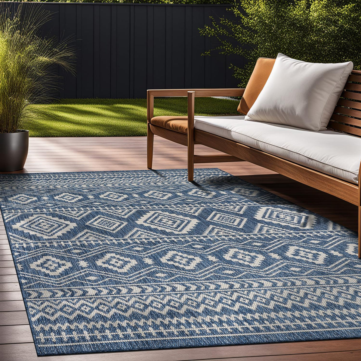 Waikiki Boho Indoor Outdoor Rug – 5' x 7' Azure & White
