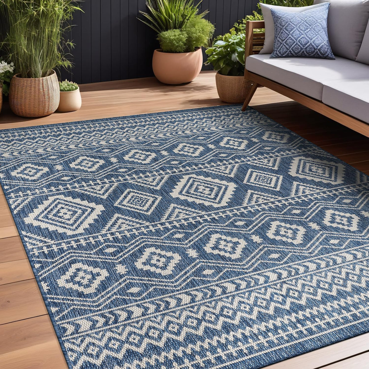 Waikiki Boho Indoor Outdoor Rug – 5' x 7' Azure & White