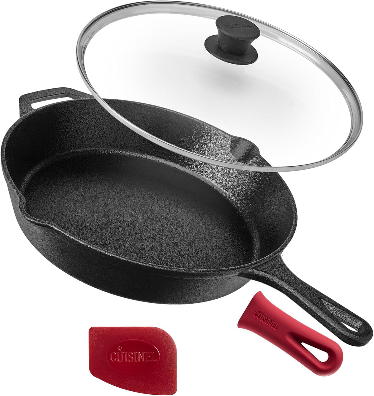 Cast Iron Skillet Set with Glass Lids & Silicone Handle Covers