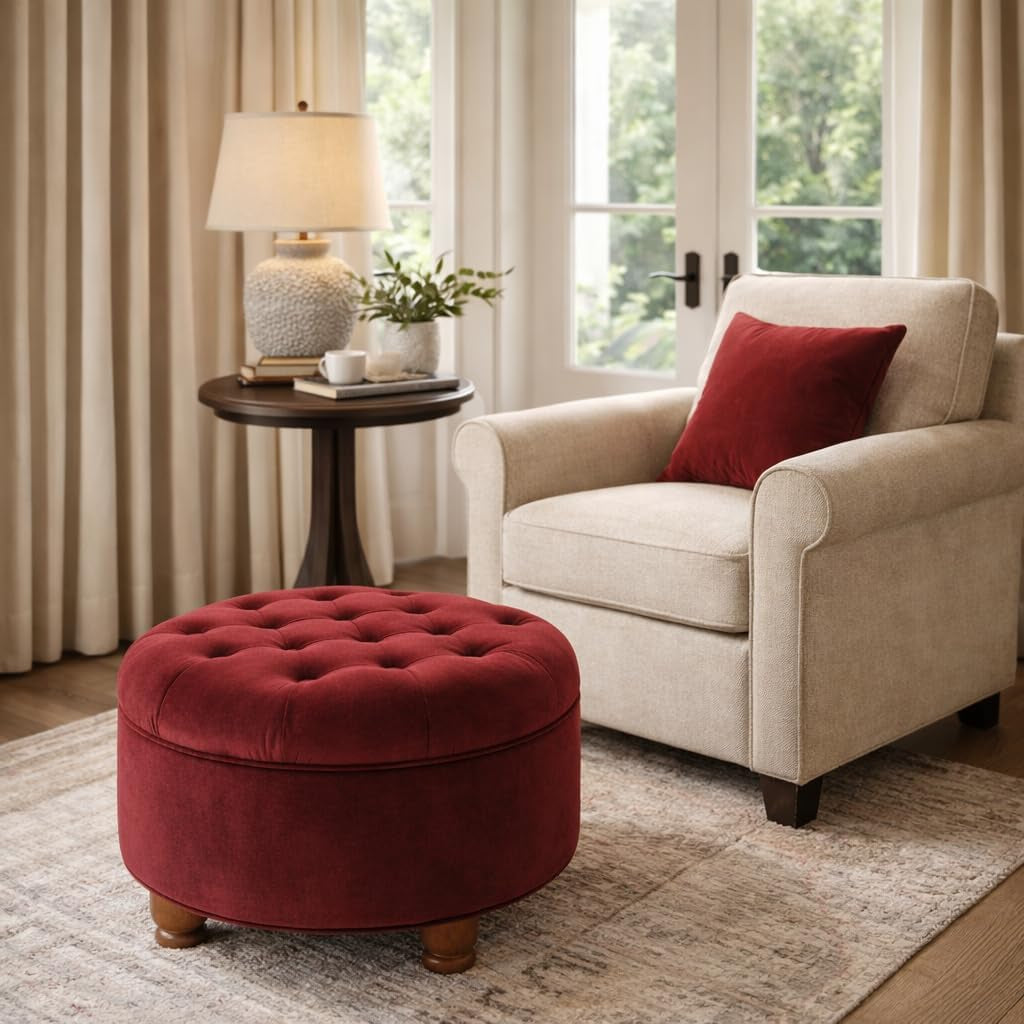 Large Button Tufted Velvet Storage Ottoman – Berry