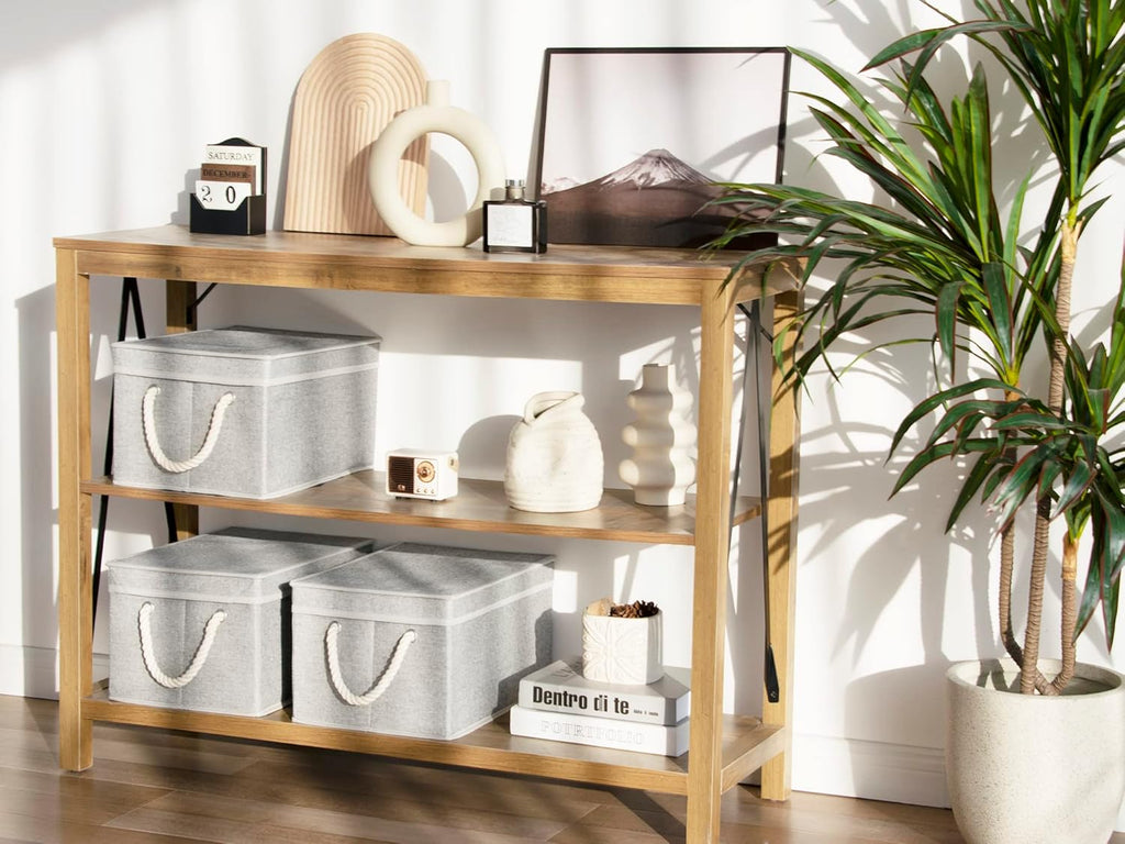 Storage Bins with Lids, Decorative Storage Boxes with Lid and Soft Rope Handles, Foldable Storage Baskets for Closet, Shelves, Stackable, 3-Pack, Gray, Large