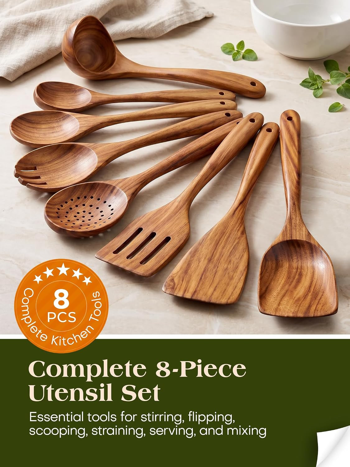 Teak Wood Kitchen Utensil Set – 8 Piece Cooking Tool Collection