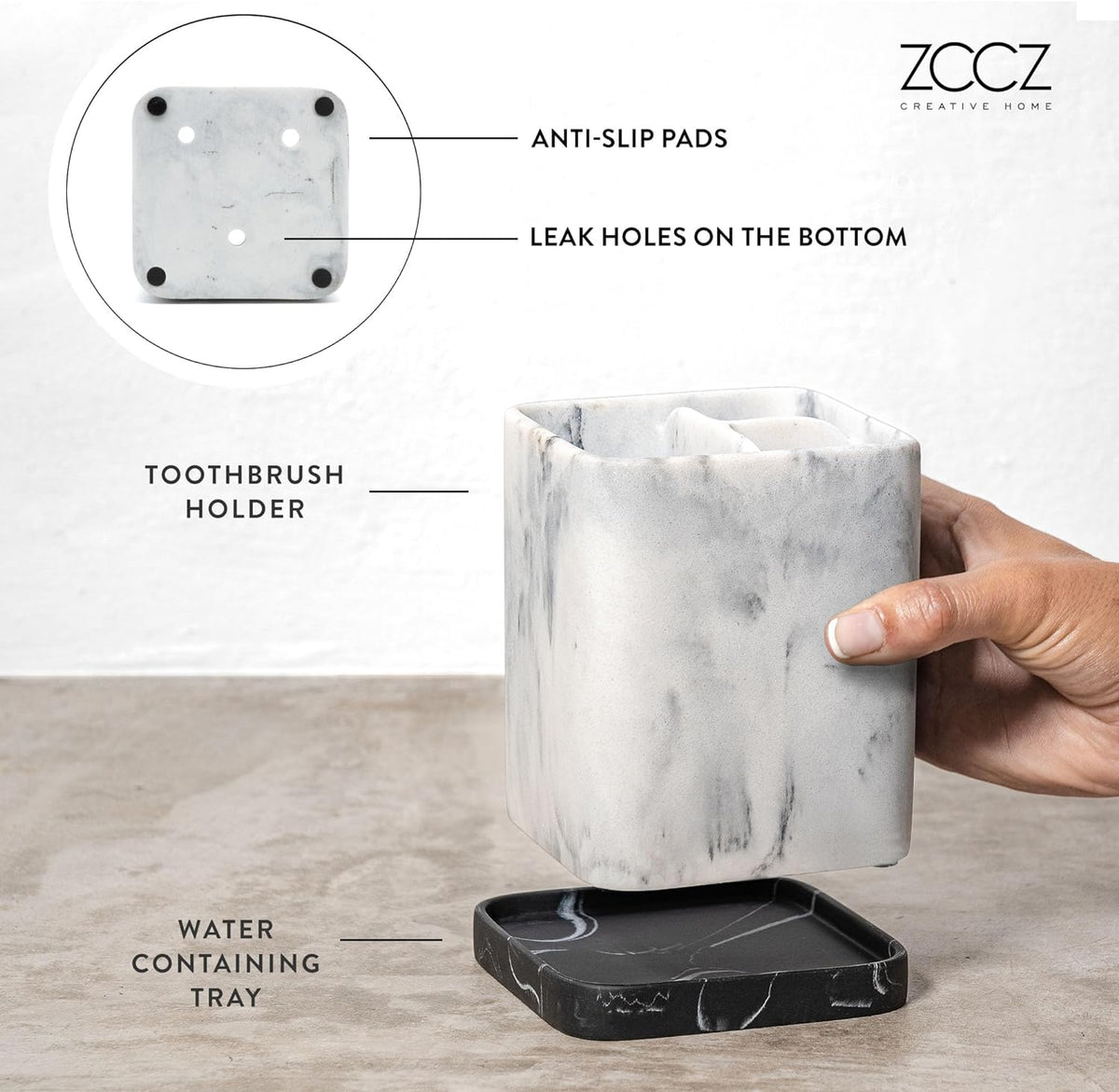 Marble Look Toothbrush Holder with Detachable Tray