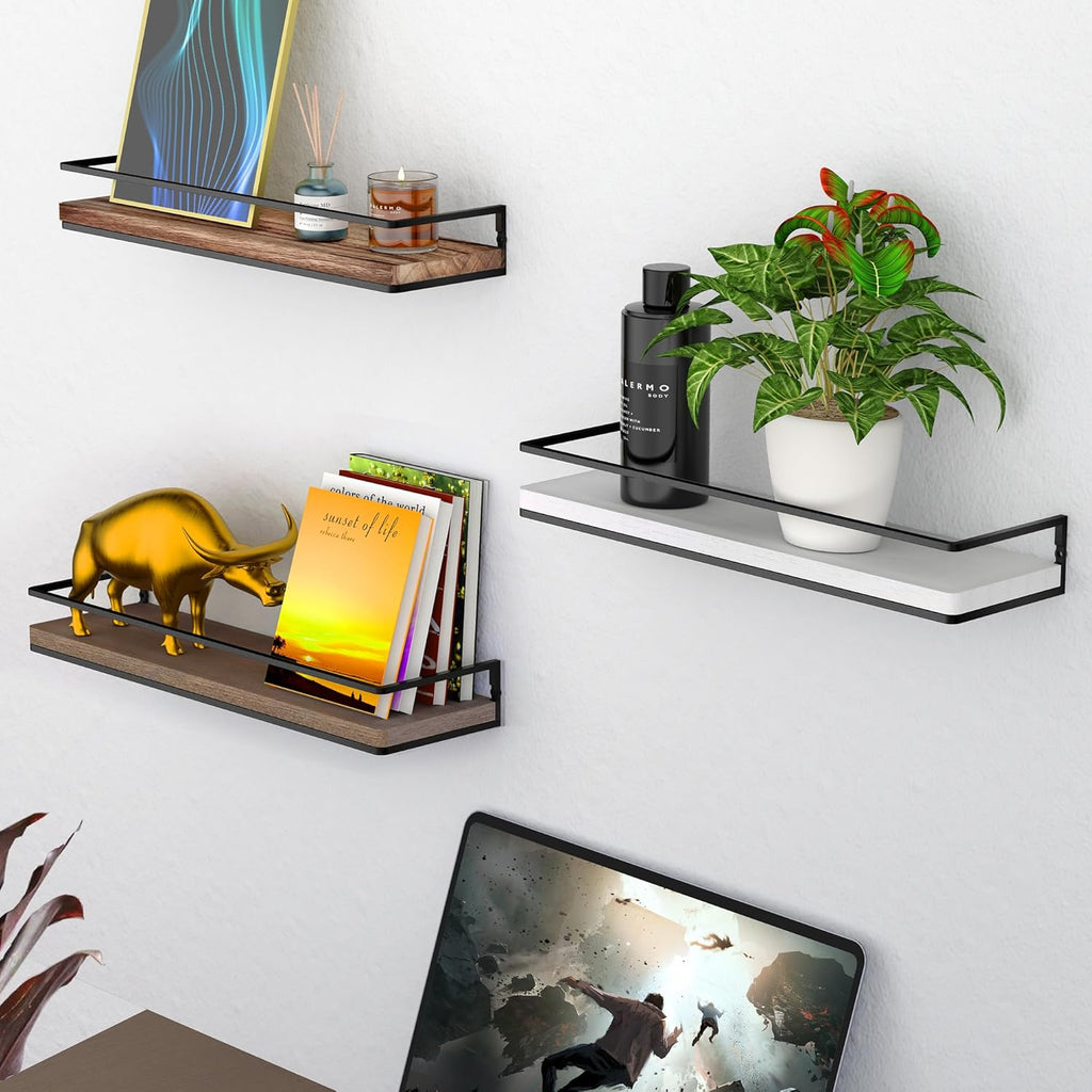 Floating Shelves Wall Mounted Set of 2, Rustic Wood Wall Storage Shelves for Bedroom,Living Room,Bathroom, Kitchen Brown