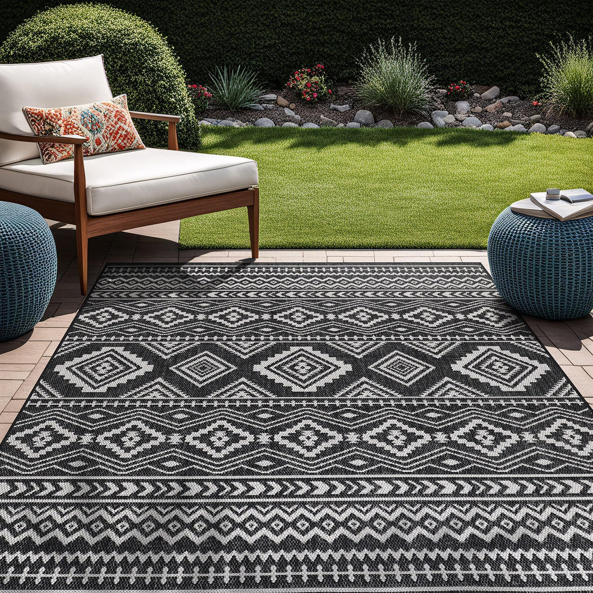 Waikiki Boho Indoor Outdoor Rug – 5' x 7' Azure & White