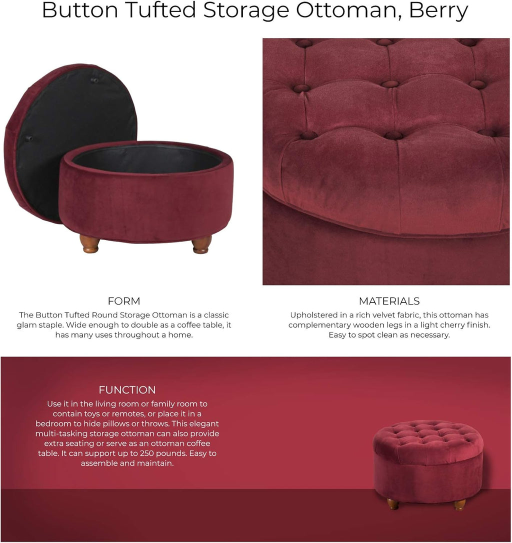 Large Button Tufted Velvet Storage Ottoman – Berry