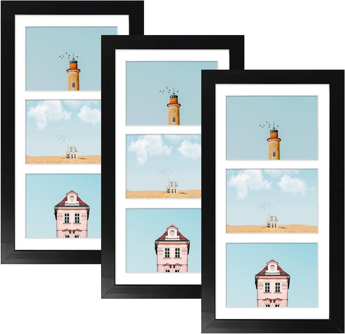 Collage Picture Frame for 3 Photos – 7" x 14" Black Wood Frame