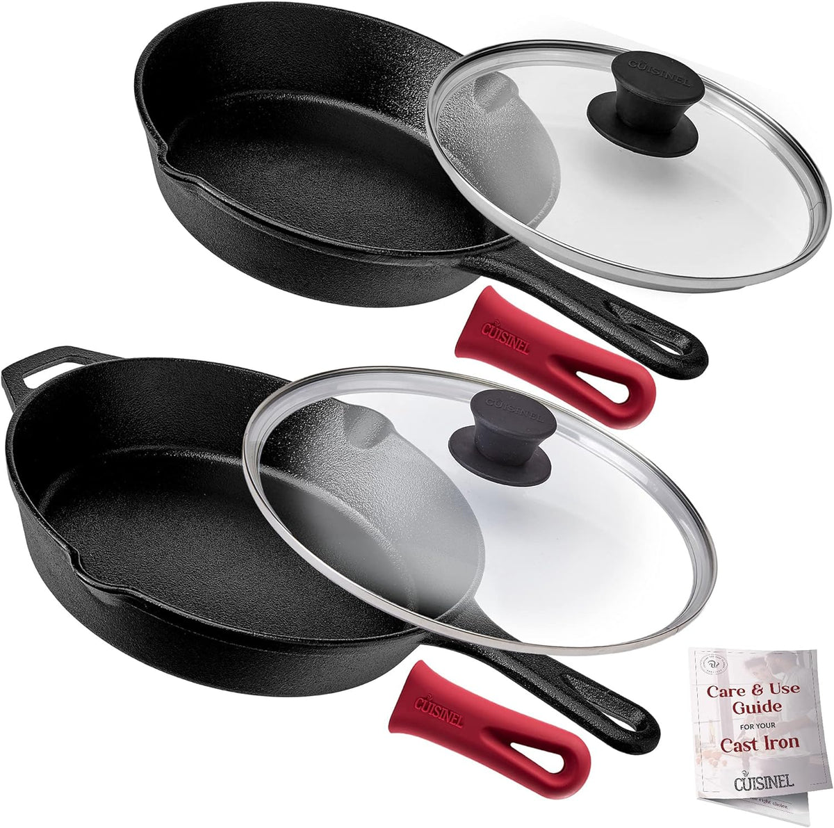 Cast Iron Skillet Set with Glass Lids & Silicone Handle Covers