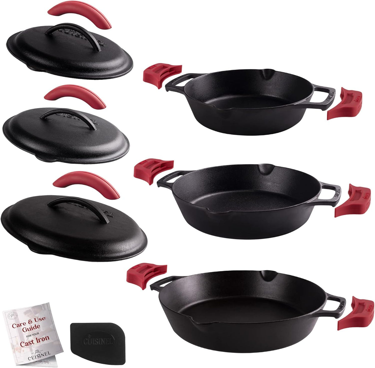 Cast Iron Skillet Set with Glass Lids & Silicone Handle Covers