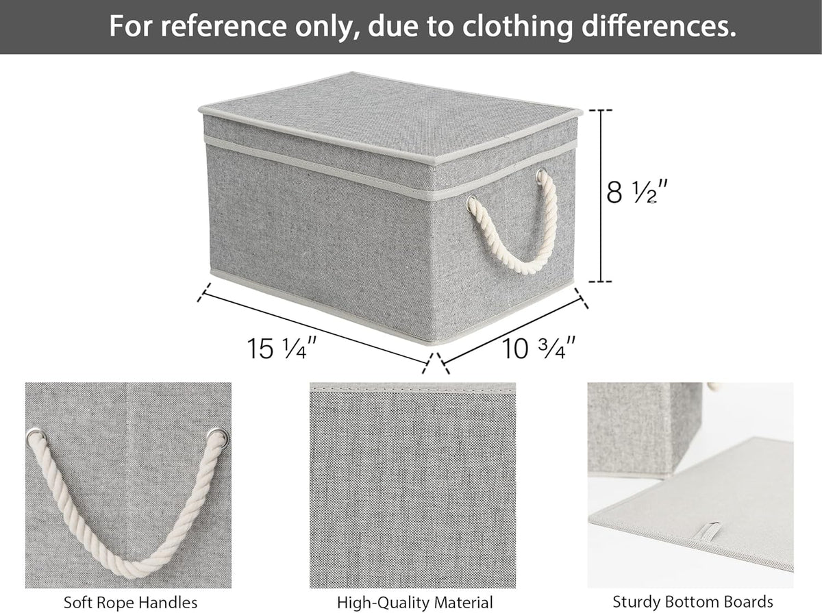 Storage Bins with Lids, Decorative Storage Boxes with Lid and Soft Rope Handles, Foldable Storage Baskets for Closet, Shelves, Stackable, 3-Pack, Gray, Large