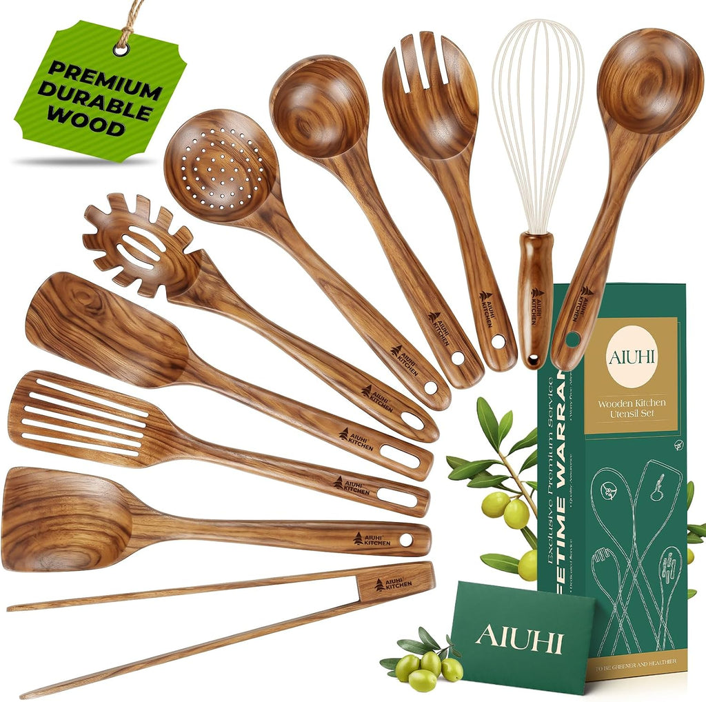 Teak Wood Kitchen Utensil Set – 10 Piece Cooking Tool Collection