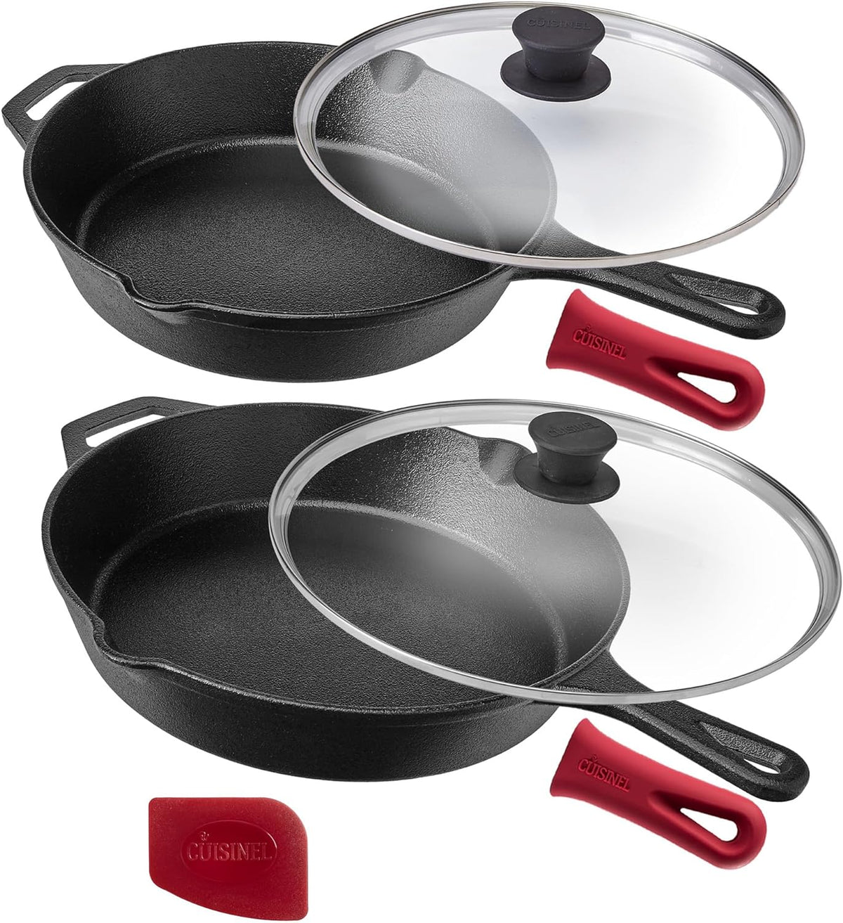 Cast Iron Skillet Set with Glass Lids & Silicone Handle Covers
