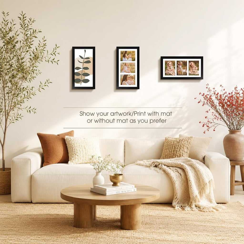 Collage Picture Frame for 3 Photos – 7" x 14" Black Wood Frame
