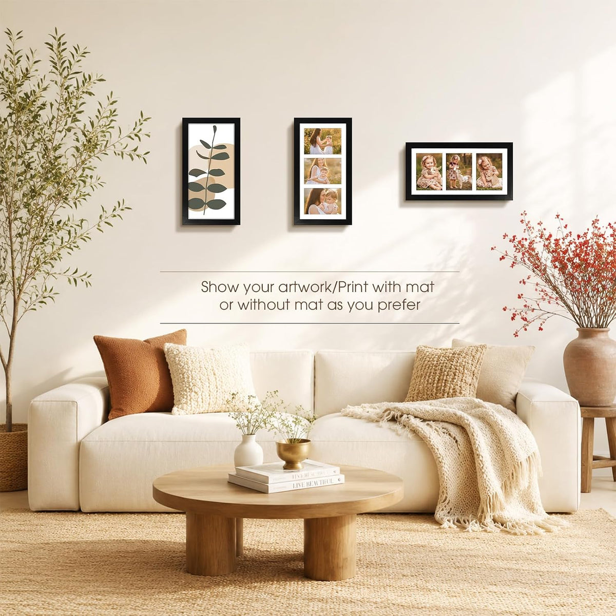 Collage Picture Frame for 3 Photos – 7" x 14" Black Wood Frame