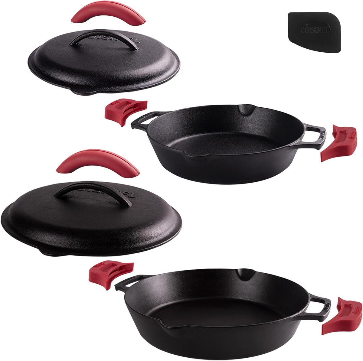 Cast Iron Skillet Set with Glass Lids & Silicone Handle Covers