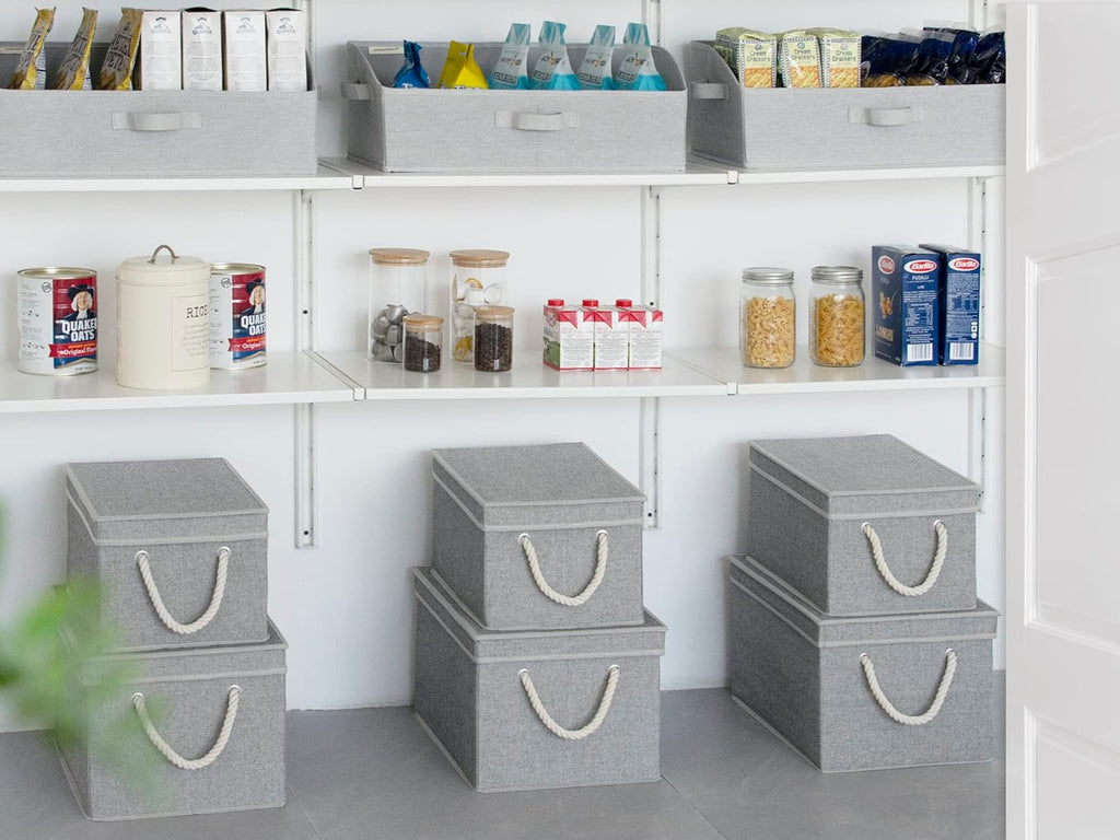 Storage Bins with Lids, Decorative Storage Boxes with Lid and Soft Rope Handles, Foldable Storage Baskets for Closet, Shelves, Stackable, 3-Pack, Gray, Large