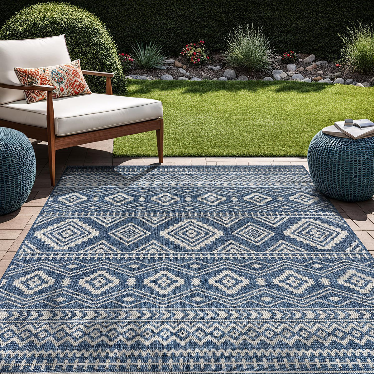 Waikiki Boho Indoor Outdoor Rug – 5' x 7' Azure & White