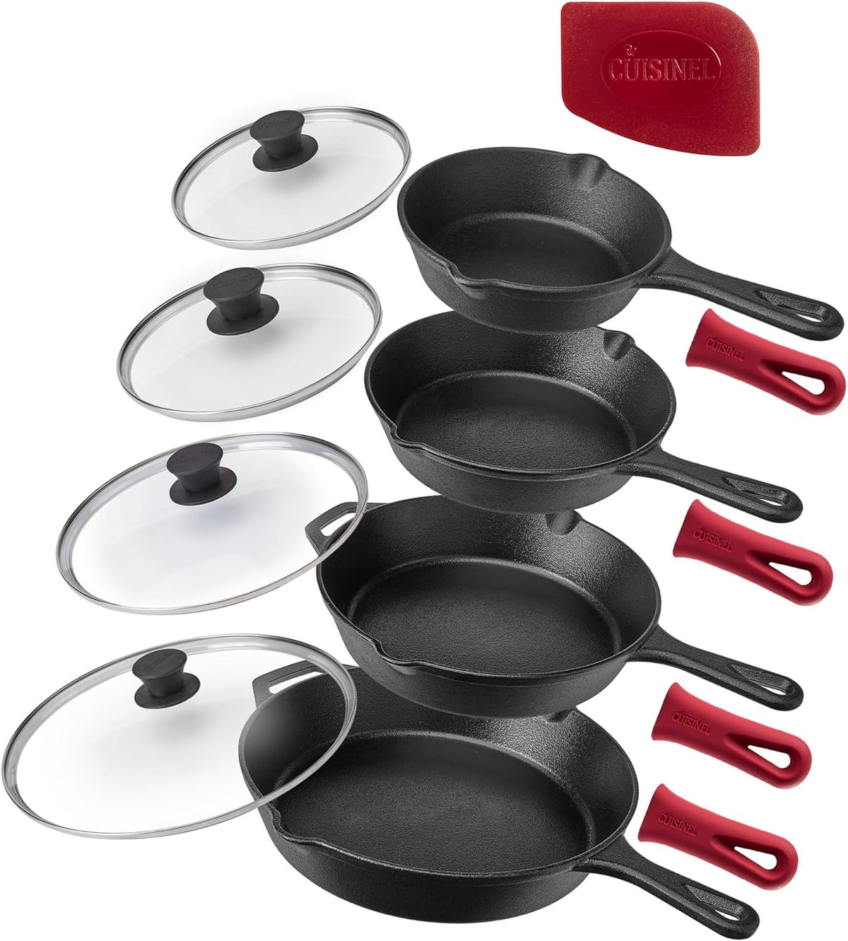 Cast Iron Skillet Set with Glass Lids & Silicone Handle Covers