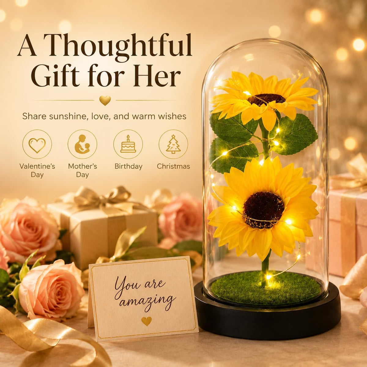 Sunflower Lamp in Glass Dome