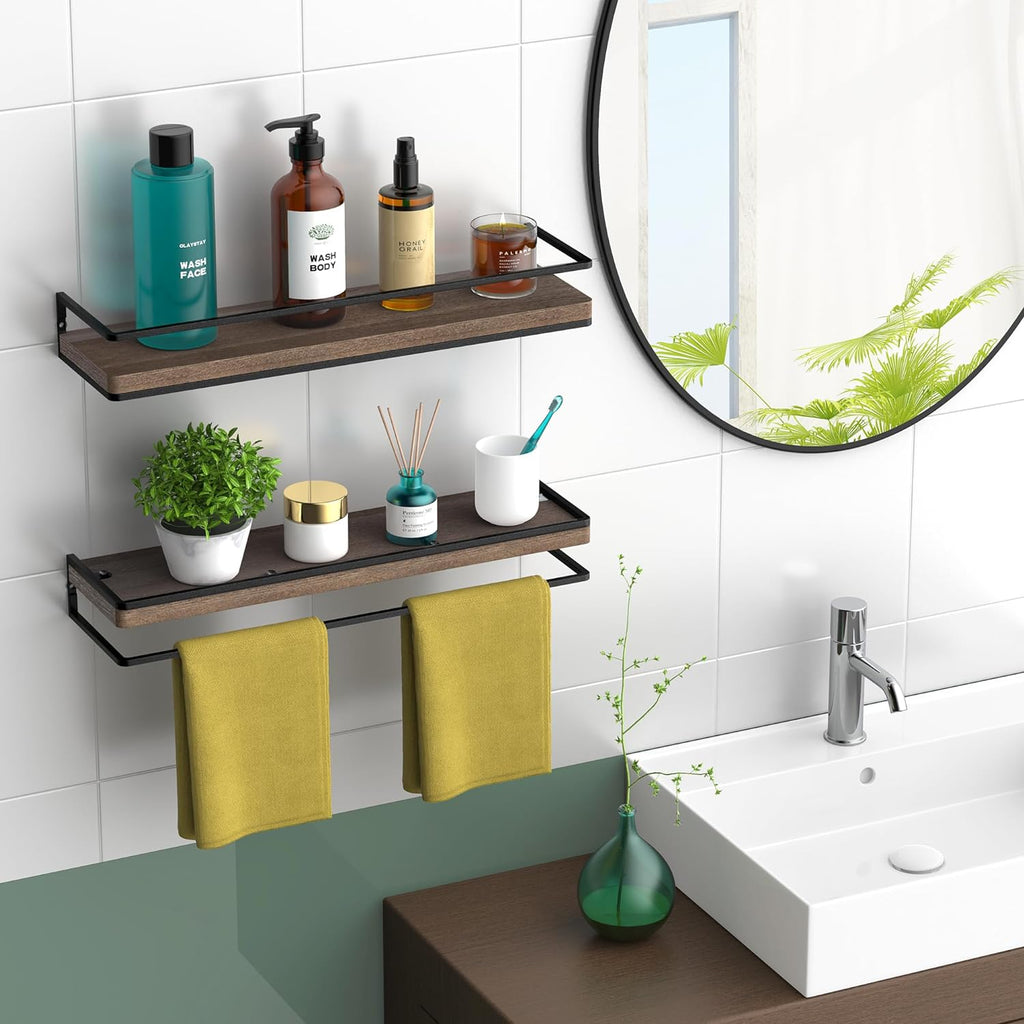 Floating Shelves Wall Mounted Set of 2, Rustic Wood Wall Storage Shelves for Bedroom,Living Room,Bathroom, Kitchen Brown