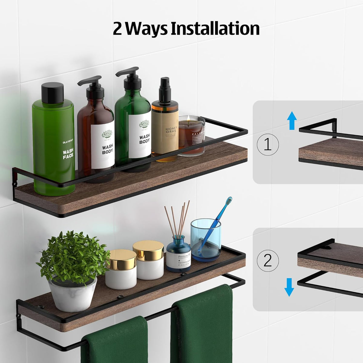 Floating Shelves Wall Mounted Set of 2, Rustic Wood Wall Storage Shelves for Bedroom,Living Room,Bathroom, Kitchen Brown