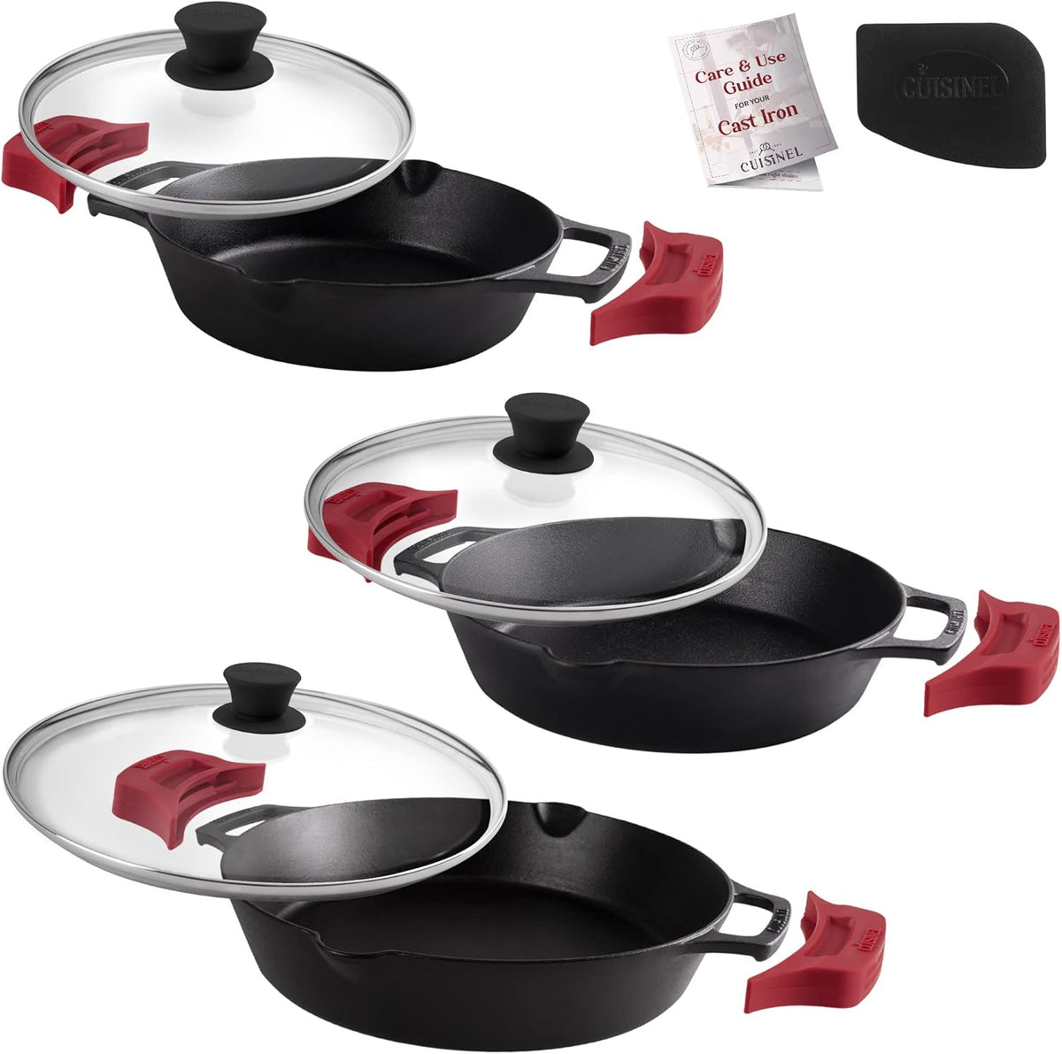 Cast Iron Skillet Set with Glass Lids & Silicone Handle Covers