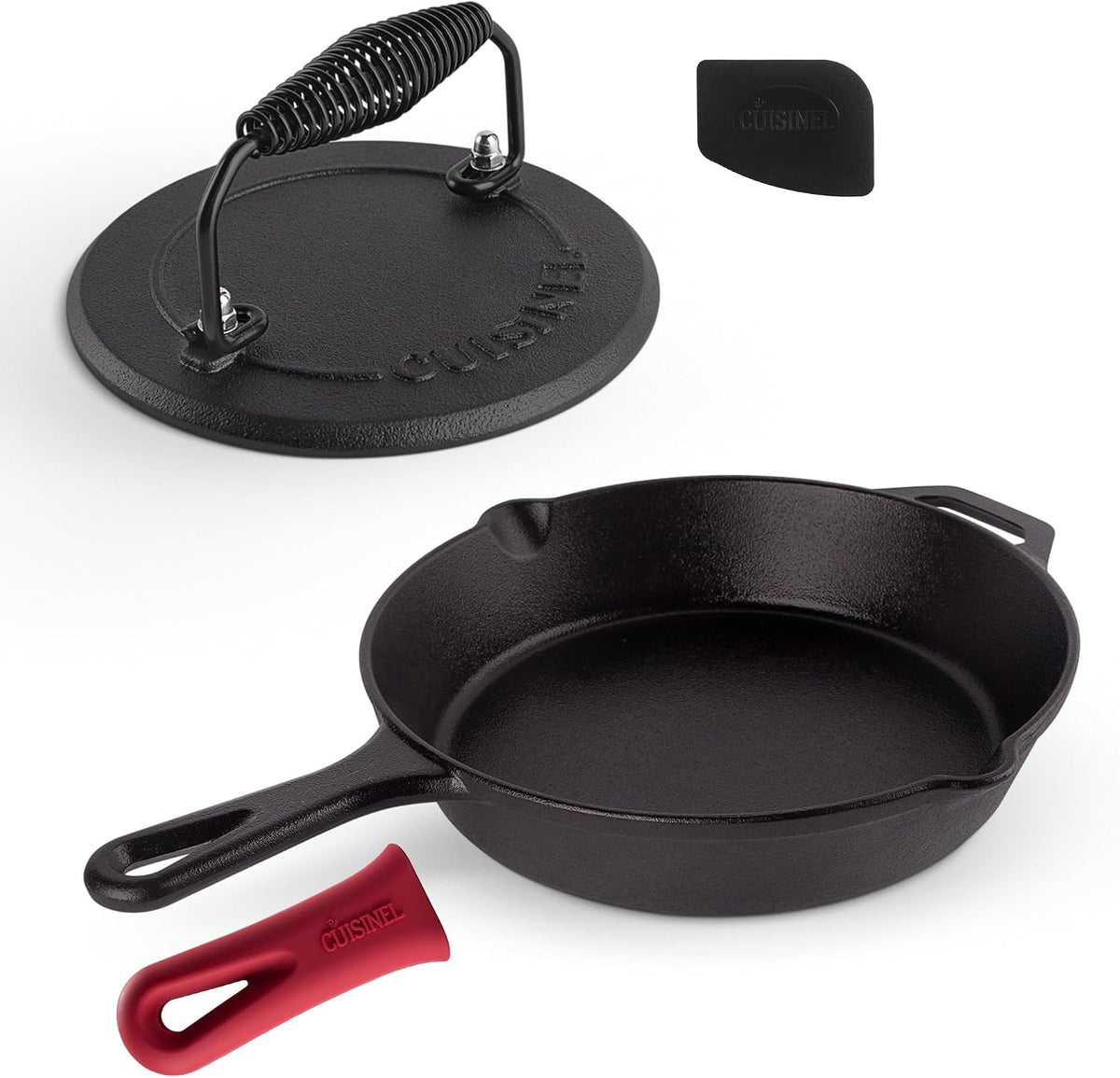 Cast Iron Skillet Set with Glass Lids & Silicone Handle Covers