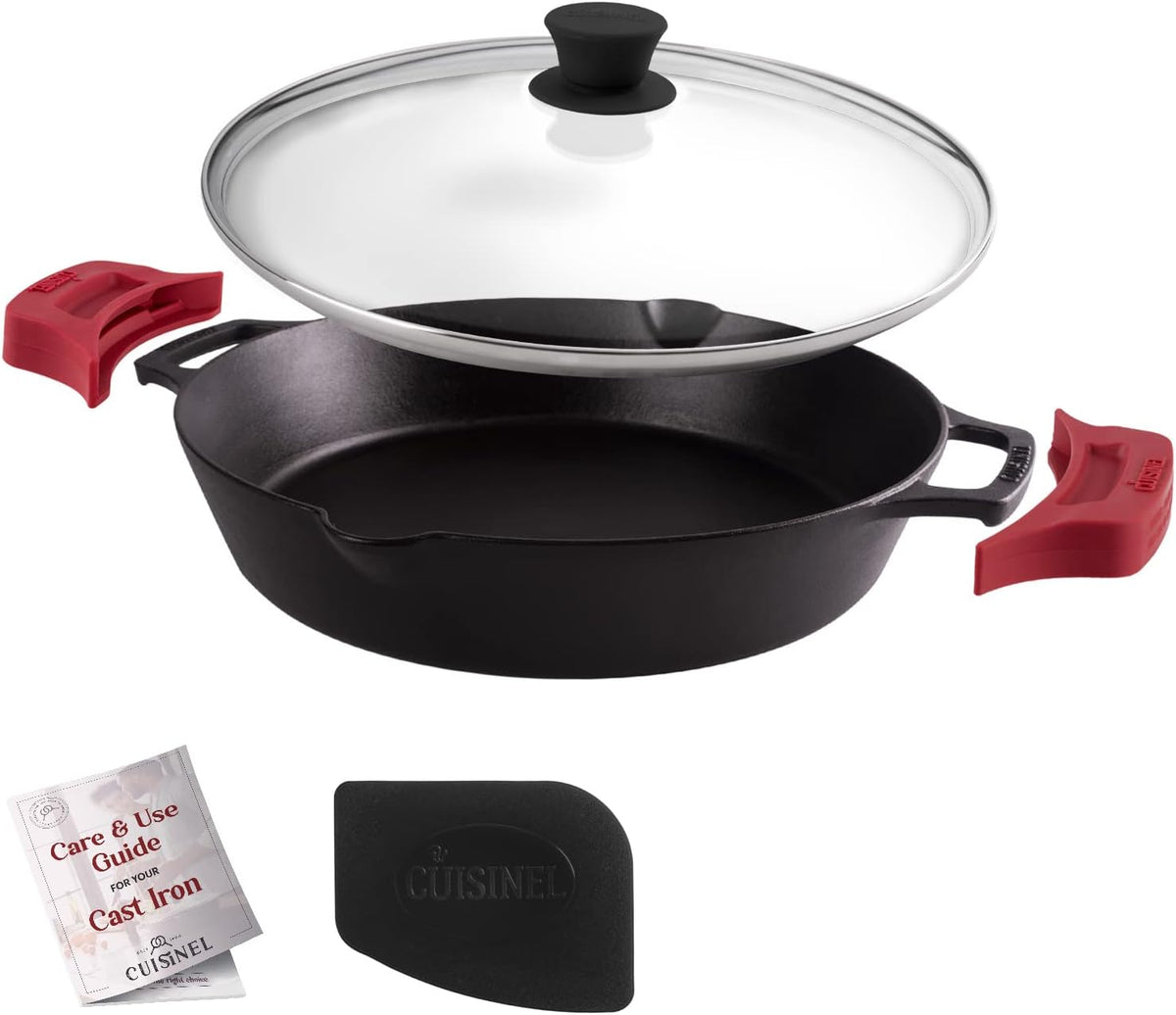 Cast Iron Skillet Set with Glass Lids & Silicone Handle Covers