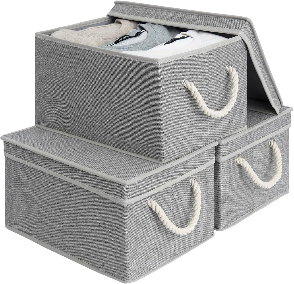 Storage Bins with Lids, Decorative Storage Boxes with Lid and Soft Rope Handles, Foldable Storage Baskets for Closet, Shelves, Stackable, 3-Pack, Gray, Large
