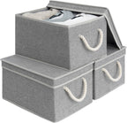 Storage Bins with Lids, Decorative Storage Boxes with Lid and Soft Rope Handles, Foldable Storage Baskets for Closet, Shelves, Stackable, 3-Pack, Gray, Large