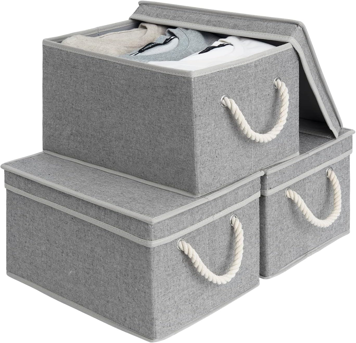 Storage Bins with Lids, Decorative Storage Boxes with Lid and Soft Rope Handles, Foldable Storage Baskets for Closet, Shelves, Stackable, 3-Pack, Gray, Large