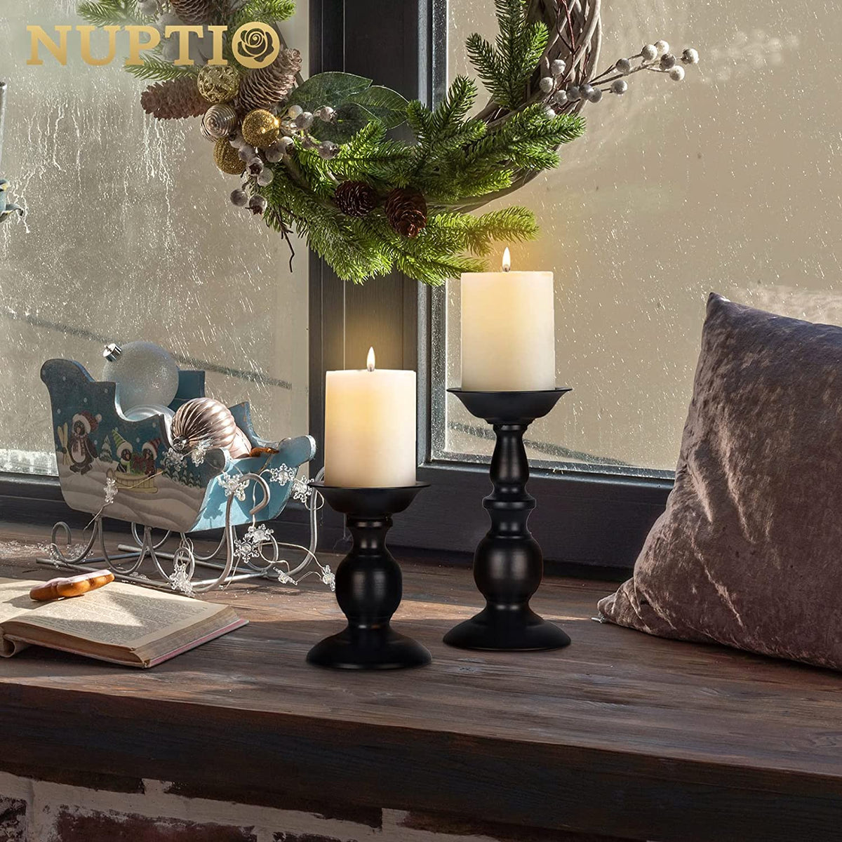 Black Metal Pillar Candle Holders Set of 2