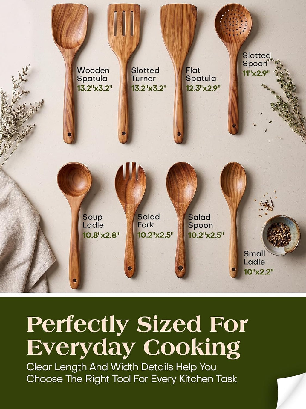 Teak Wood Kitchen Utensil Set – 8 Piece Cooking Tool Collection