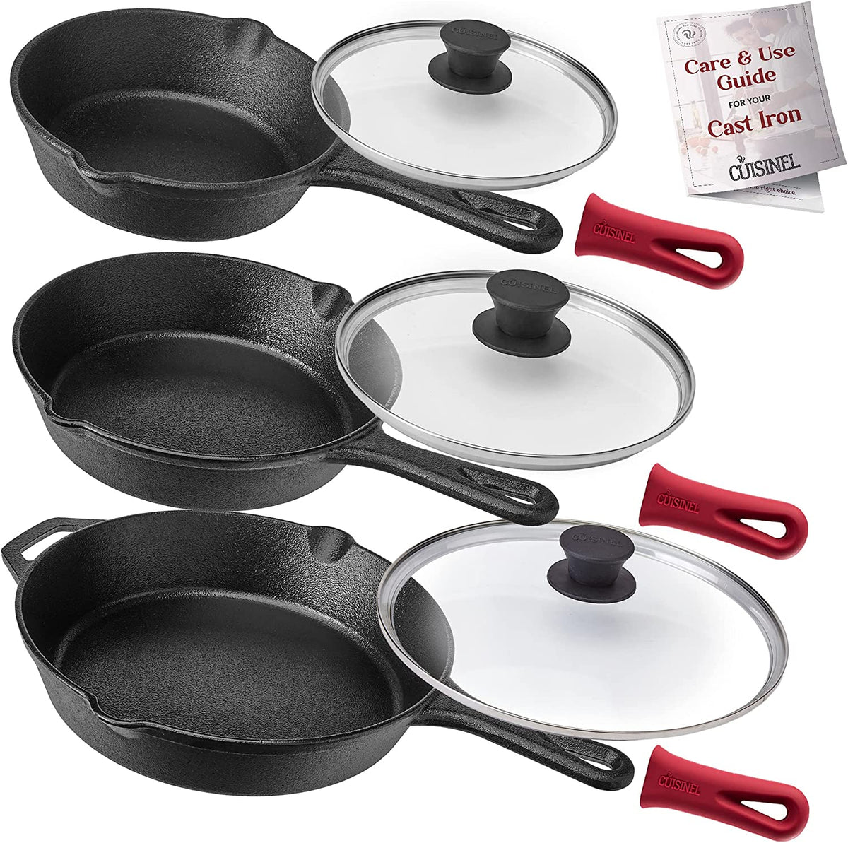 Cast Iron Skillet Set with Glass Lids & Silicone Handle Covers