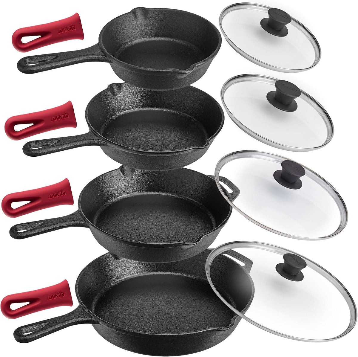 Cast Iron Skillet Set with Glass Lids & Silicone Handle Covers