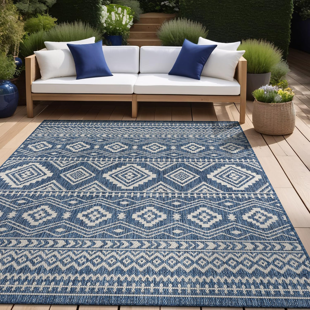 Waikiki Boho Indoor Outdoor Rug – 5' x 7' Azure & White
