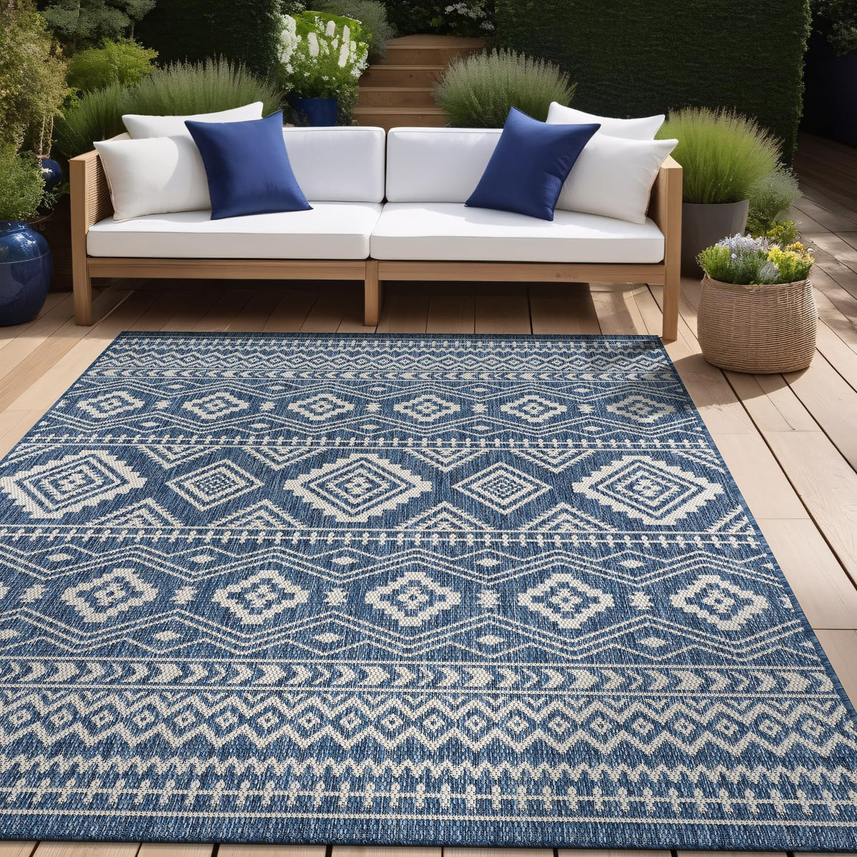 Waikiki Boho Indoor Outdoor Rug – 5' x 7' Azure & White