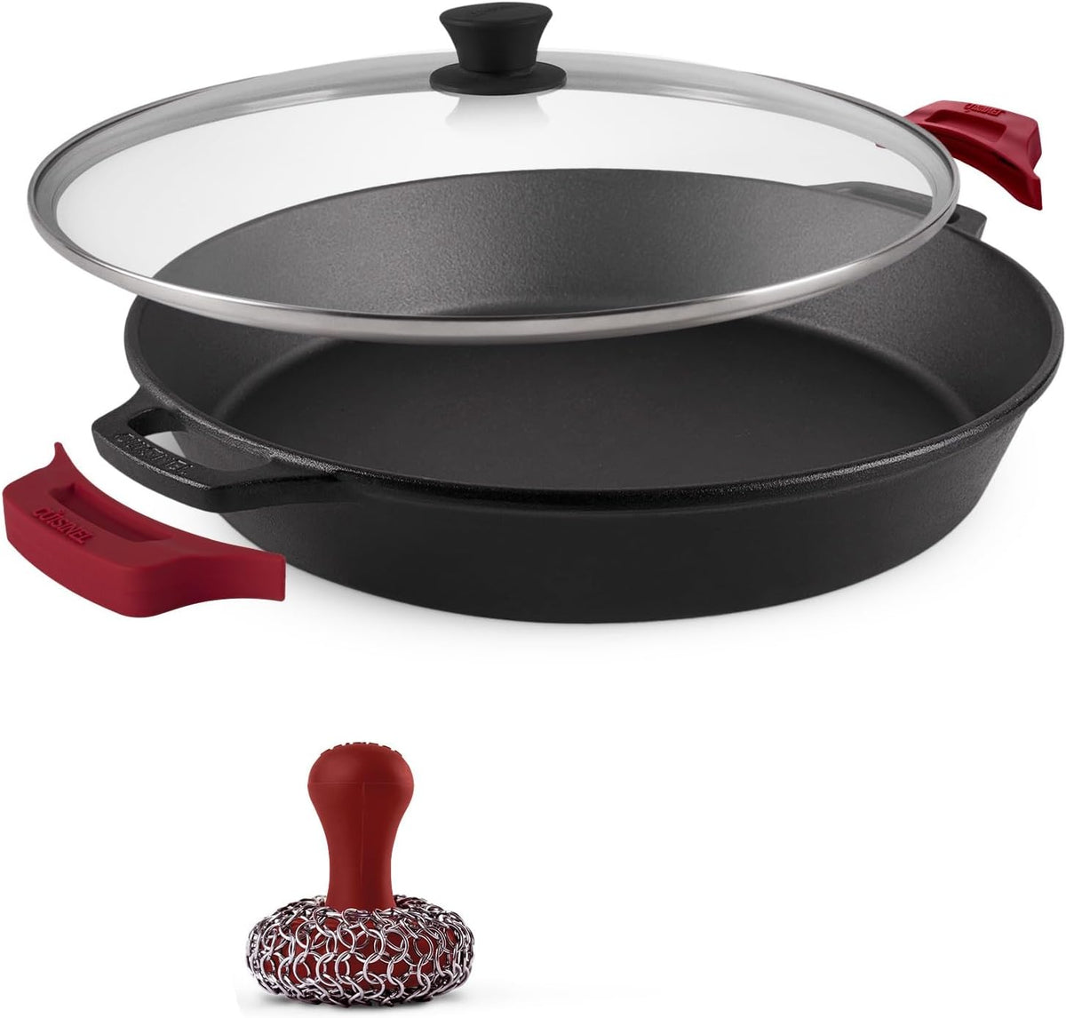 Cast Iron Skillet Set with Glass Lids & Silicone Handle Covers