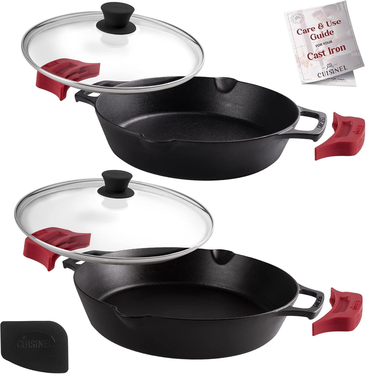 Cast Iron Skillet Set with Glass Lids & Silicone Handle Covers