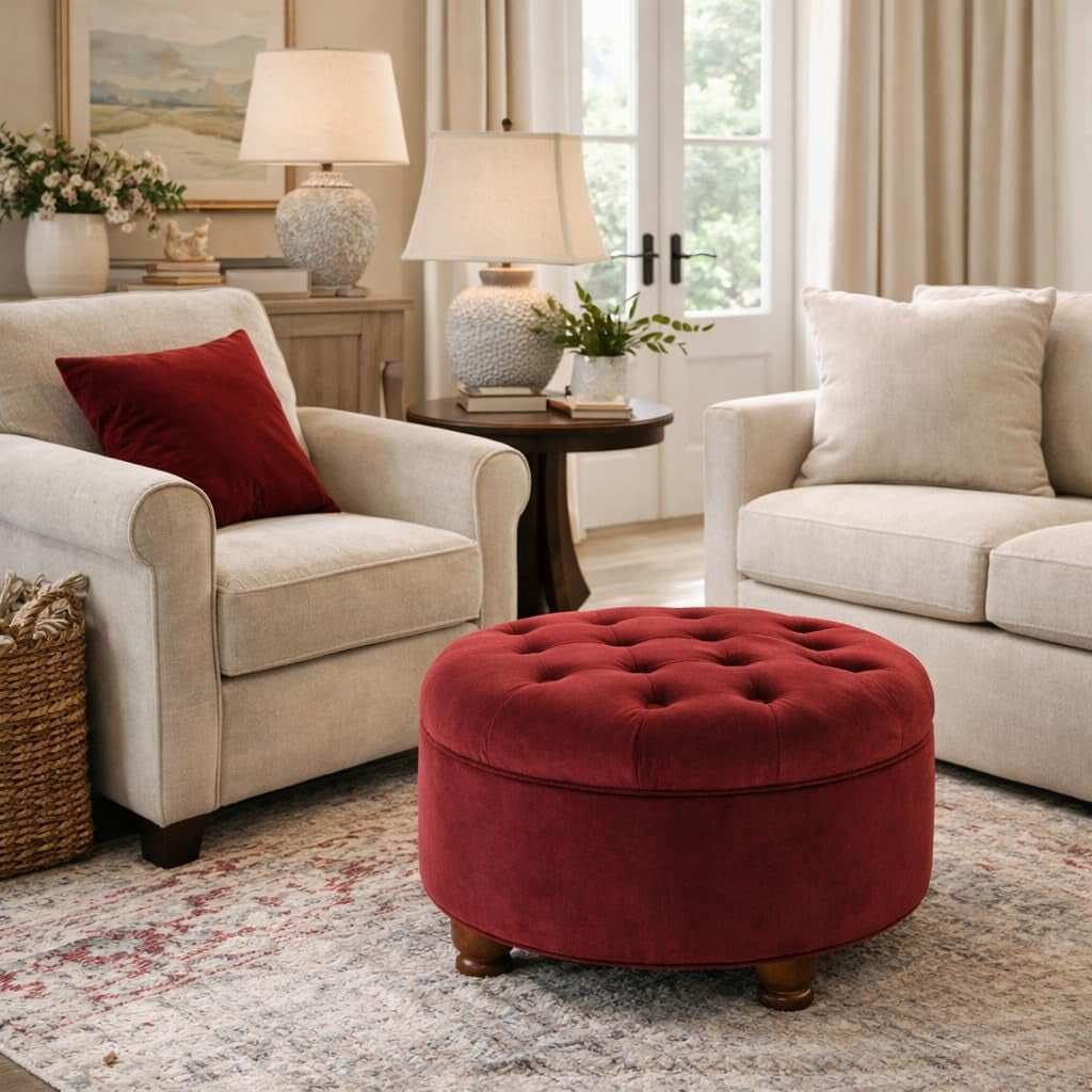 Large Button Tufted Velvet Storage Ottoman – Berry