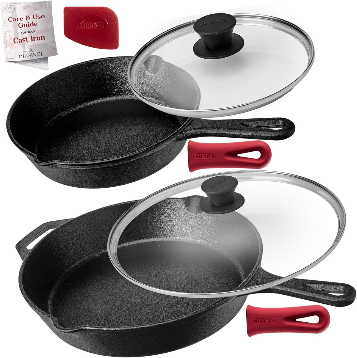 Cast Iron Skillet Set with Glass Lids & Silicone Handle Covers