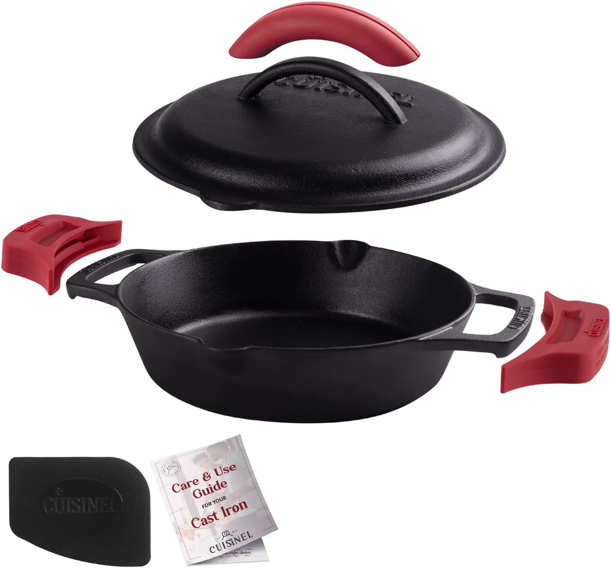 Cast Iron Skillet Set with Glass Lids & Silicone Handle Covers