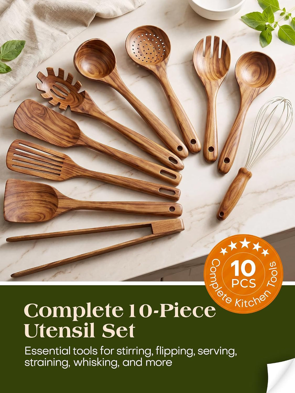 Teak Wood Kitchen Utensil Set – 10 Piece Cooking Tool Collection