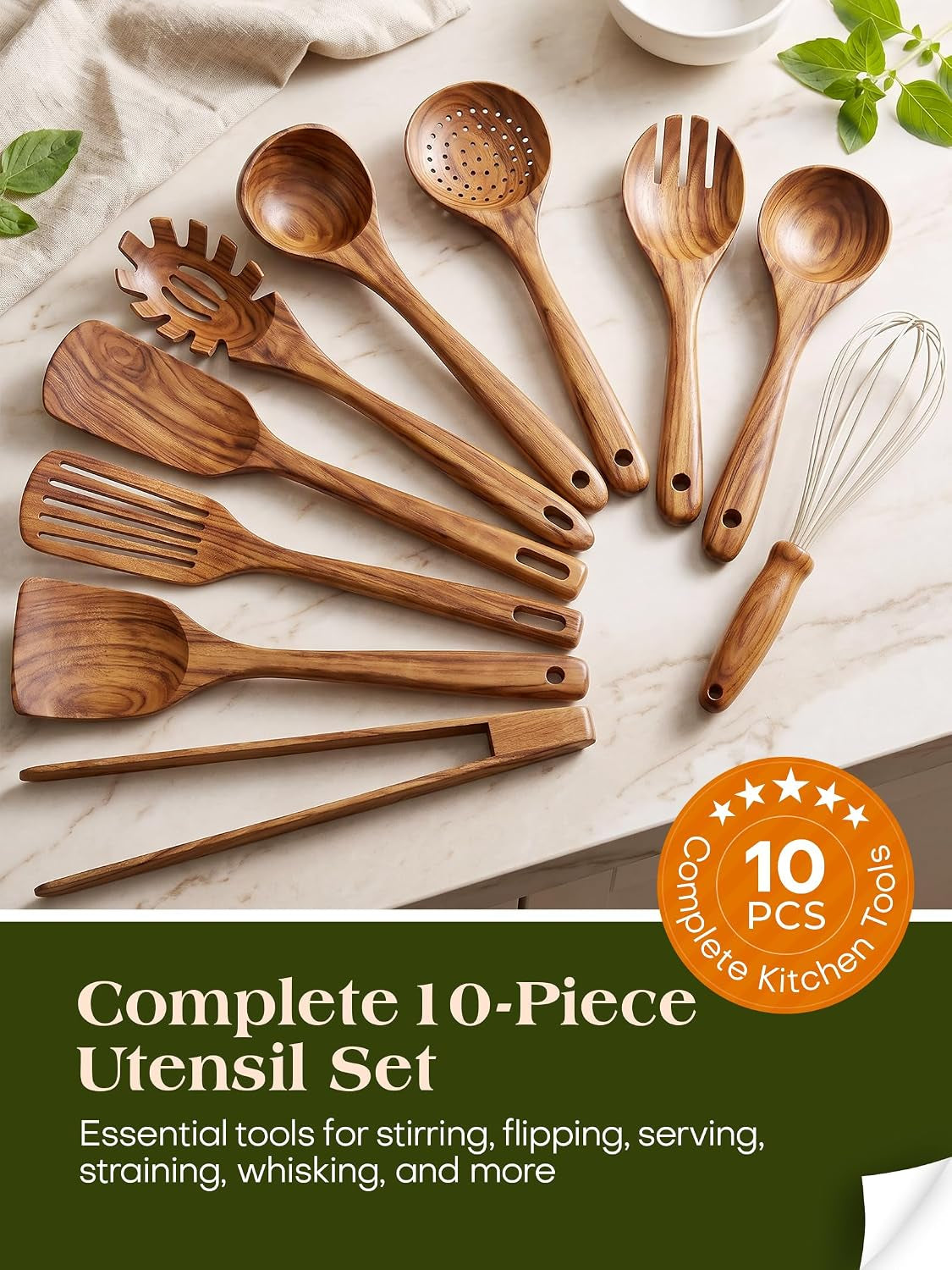 Teak Wood Kitchen Utensil Set – 10 Piece Cooking Tool Collection