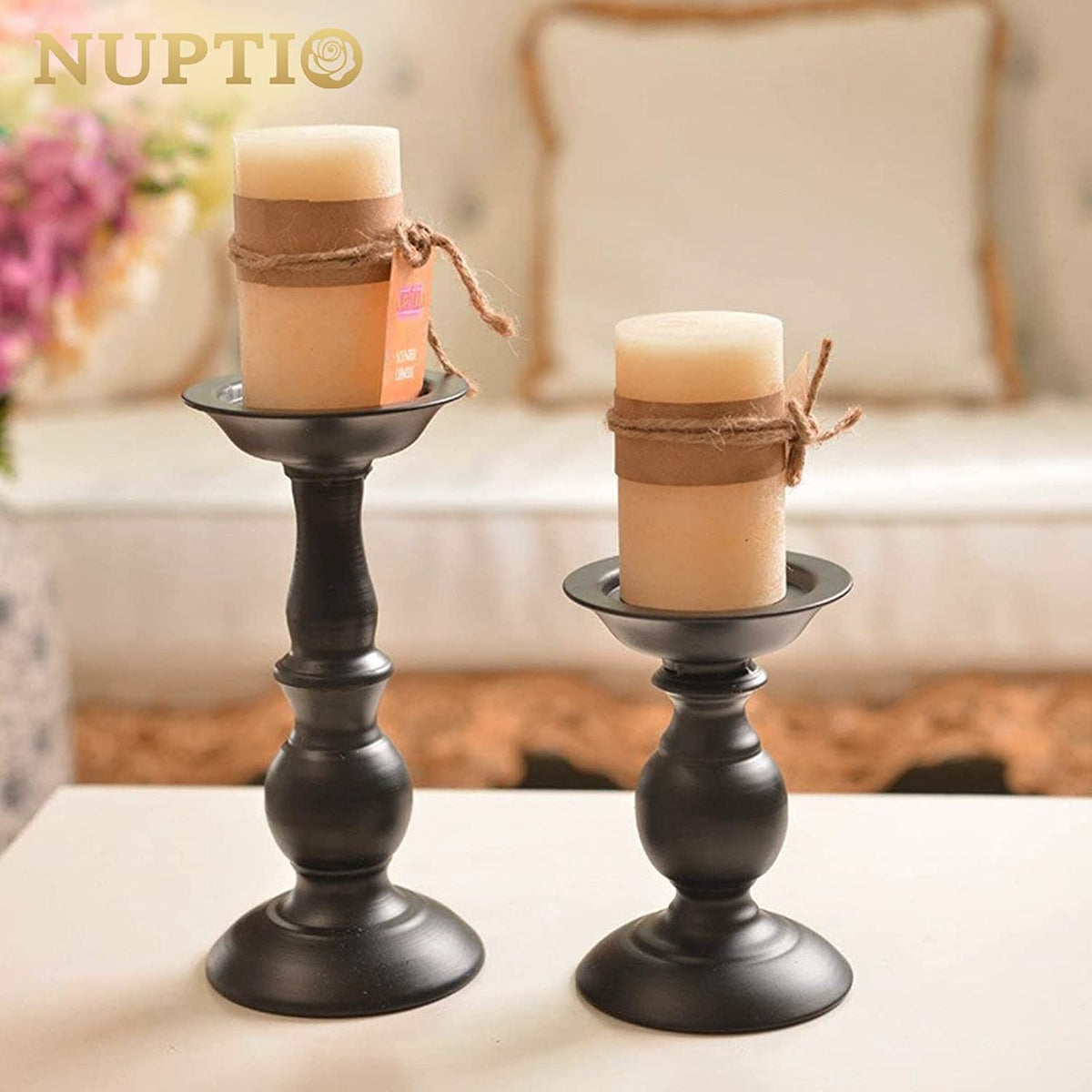 Black Metal Pillar Candle Holders Set of 2