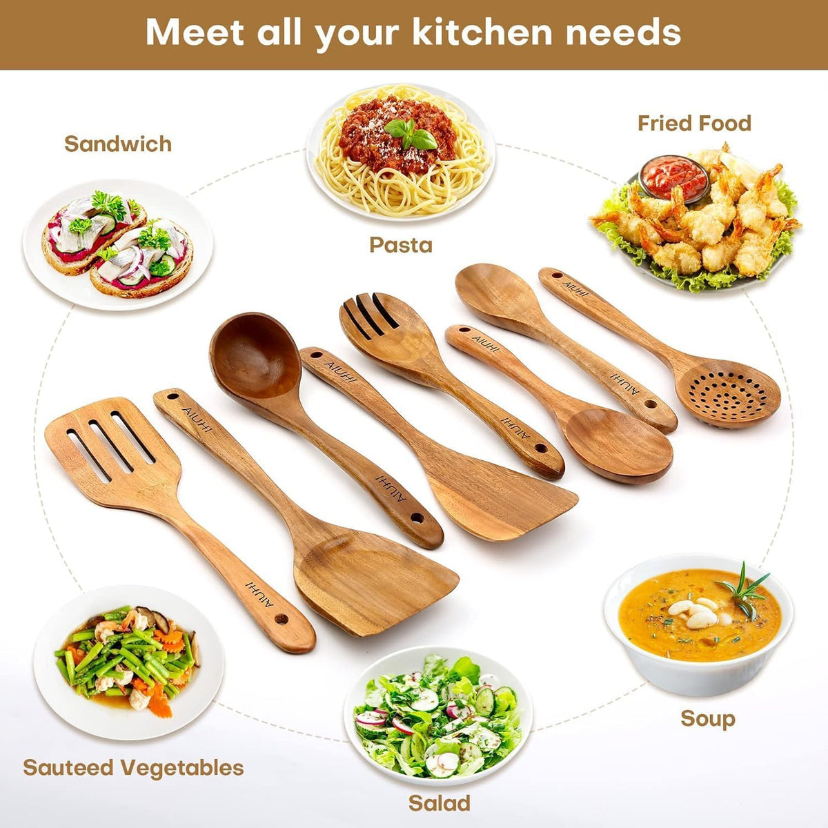 Teak Wood Kitchen Utensil Set – 8 Piece Cooking Tool Collection