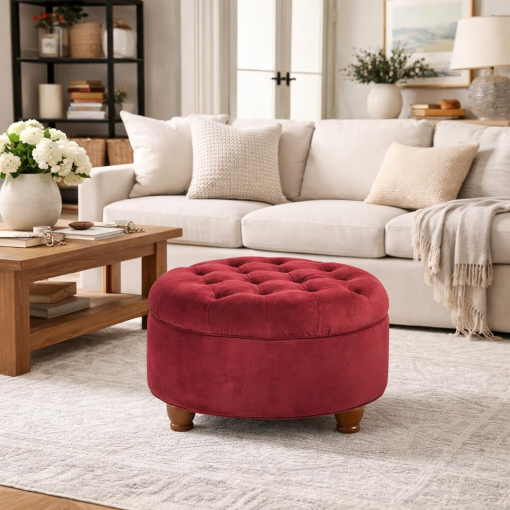 Large Button Tufted Velvet Storage Ottoman – Berry